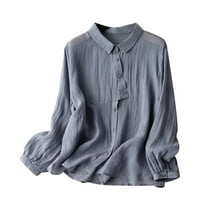 Дамски Бутон надолу риза жените Рами риза литературен ретро Плътен цвят външно облекло риза хлабав Топ дълъг ръкав ревера Топ риза
