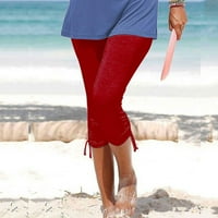 Дамски изрязани панталони летни ежедневни странични Шнур Капри гамаши за жени лек ластик тънък панталони Капри лято твърди панталони червено