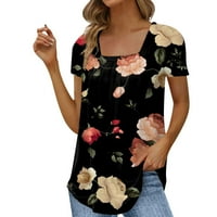 Дамски върхове кръгло деколте жени блуза ежедневни флорални летни ризи с къс ръкав черни s