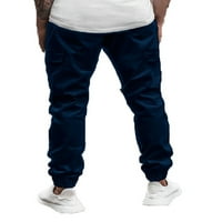 Кофа мъже Плътен цвят ежедневни панталони тънък годни джогър дъна с джобове йога спорт панталони тъмно синьо