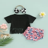 Binpure Baby Girl Summer тоалети, тениска с къси ръкави за пискюл + отпечатани къси панталони + комплект за лента за глава