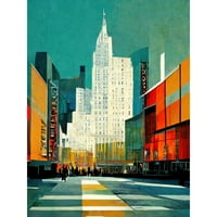 Бродуей Ню Йорк Абстрактен средата на века градски пейзаж оранжево Тийл Екстра голям КСЛ стена арт плакат печат