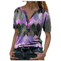 Drpgunly летни върхове за жени модерни летни отпечатани къси ръкави V-Nee Collar Tops Топс жени Облекло Тениска Жени Памучно смес Purple XL